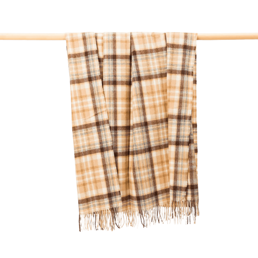 Lamswollen Blankie Camel Zilvergrijs Crème Bruin Ruit 137x180 cm