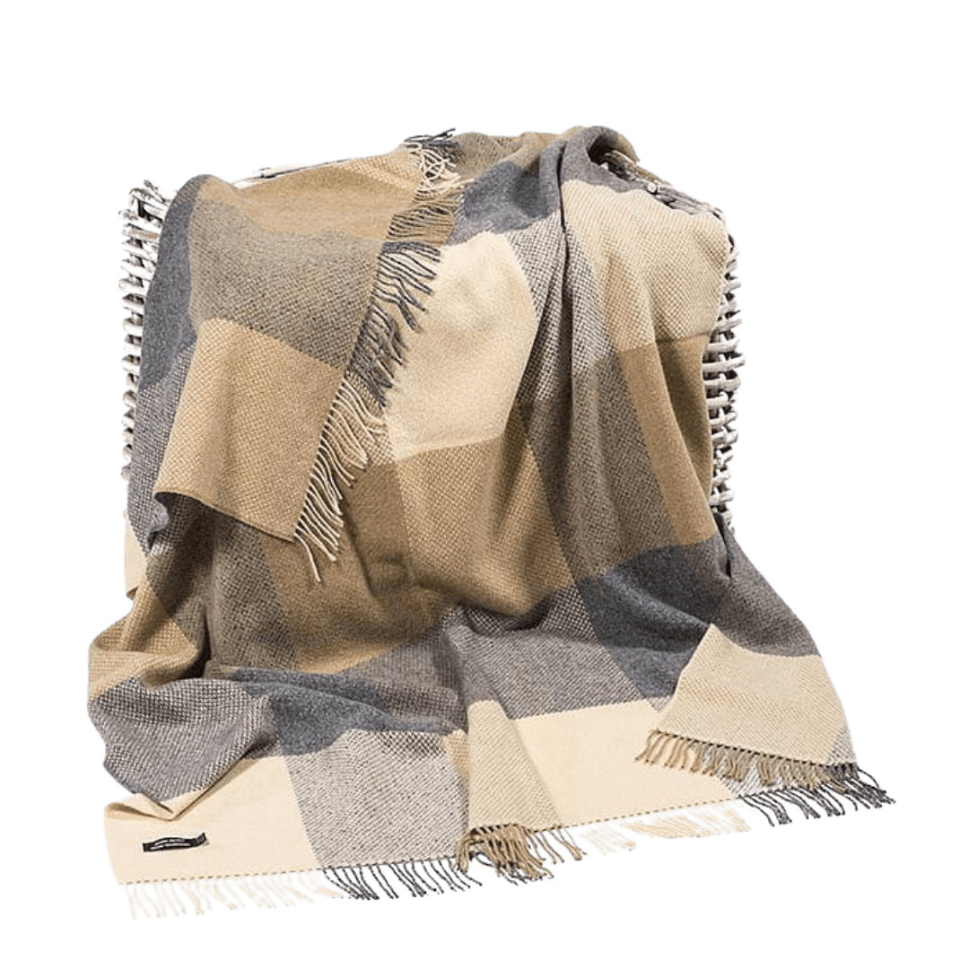 Merino-Cashmere Blankie Beige Crème Plooi Ruit 136x180 cm