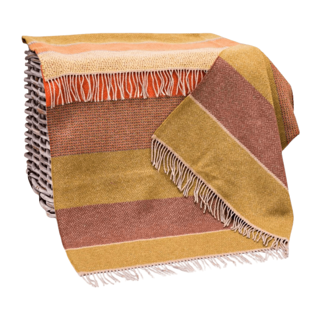 Merino-Cashmere Blankie Oranje Geel Bruin Mosterd Streep 136x180 cm