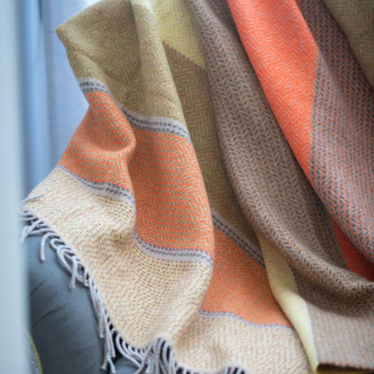 Manta de cachemira merino naranja amarillo marrón mostaza rayas